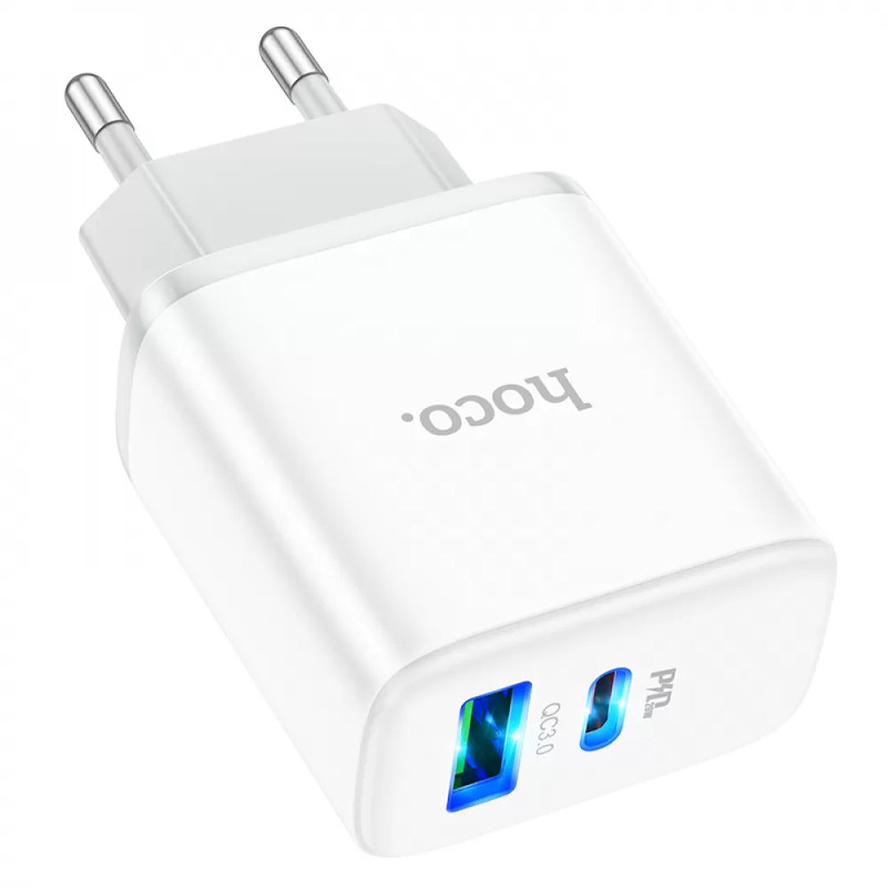 Мережевий зарядний пристрій Hoco C105A Stage PD 20W + QC 3.0 (1×USB-A / 1×USB-C) White