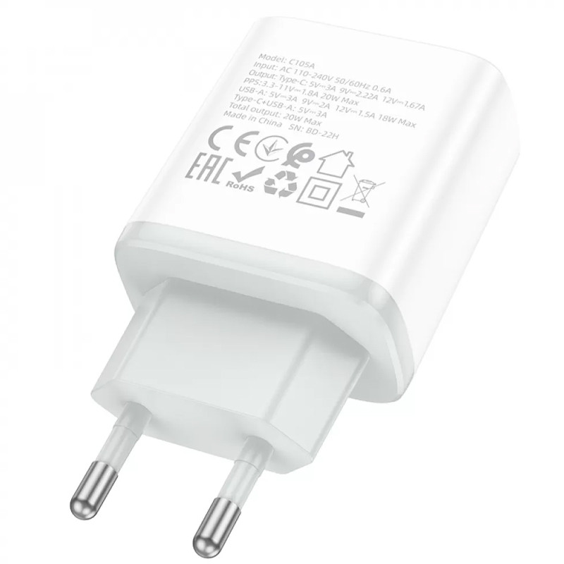 Мережевий зарядний пристрій Hoco C105A Stage PD 20W + QC 3.0 (1×USB-A / 1×USB-C) White
