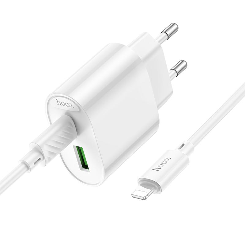 Мережевий зарядний пристрій Hoco C109A Fighter PD 20W (1×USB-C) + кабель USB-C → Lightning White