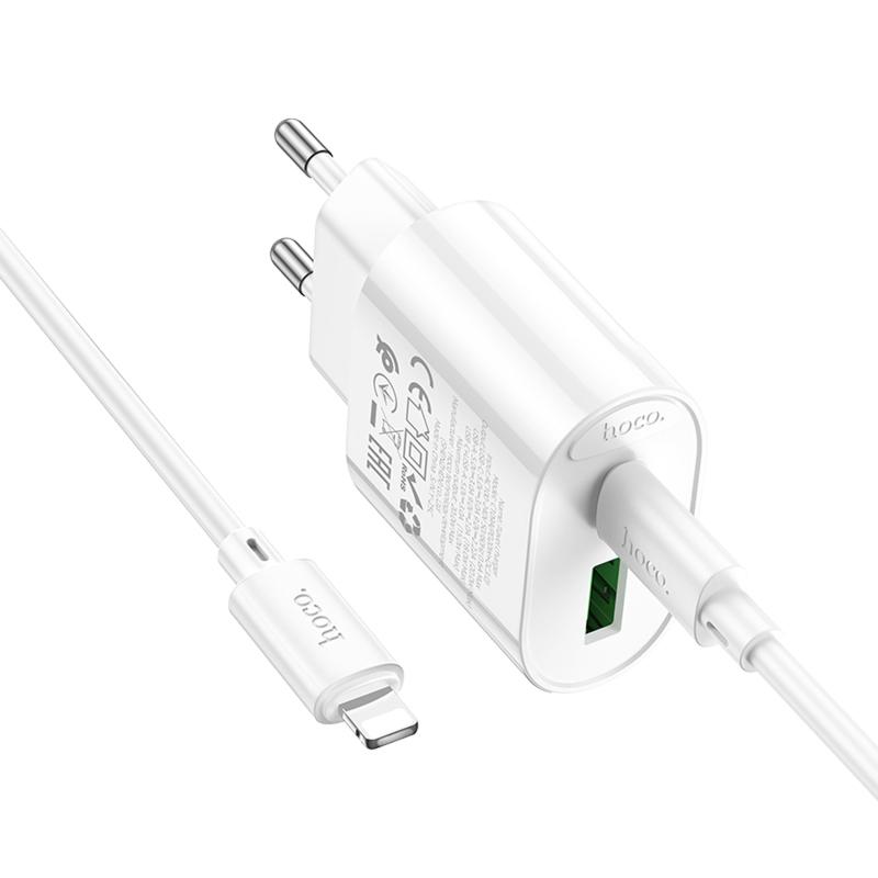 Мережевий зарядний пристрій Hoco C109A Fighter PD 20W (1×USB-C) + кабель USB-C → Lightning White