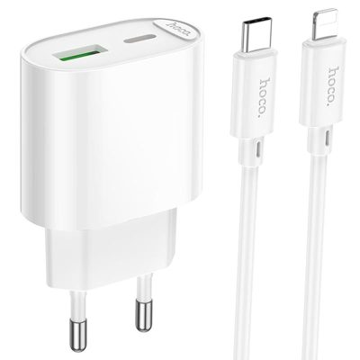 Мережевий зарядний пристрій Hoco C109A Fighter PD 20W (1×USB-C) + кабель USB-C → Lightning White