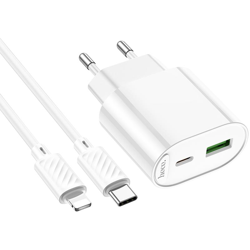 Мережевий зарядний пристрій Hoco C109A Fighter PD 20W (1×USB-C) + кабель USB-C → Lightning White