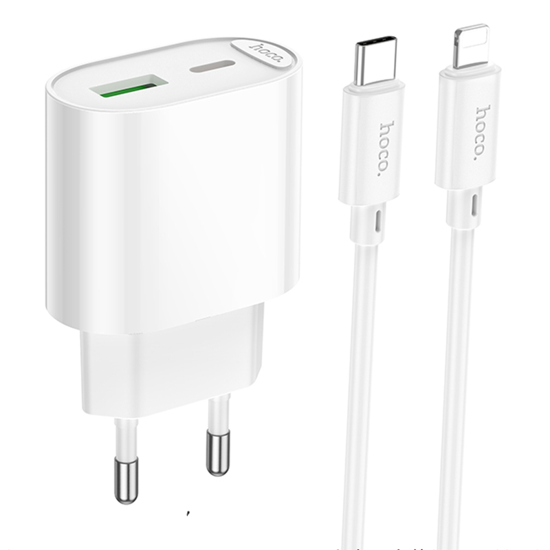 Мережевий зарядний пристрій Hoco C109A Fighter PD 20W + QC 3.0 (1×USB-A / 1×USB-C) + кабель USB-C → Lightning White