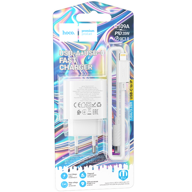 Мережевий зарядний пристрій Hoco C109A Fighter PD 20W + QC 3.0 (1×USB-A / 1×USB-C) + кабель USB-C → Lightning White