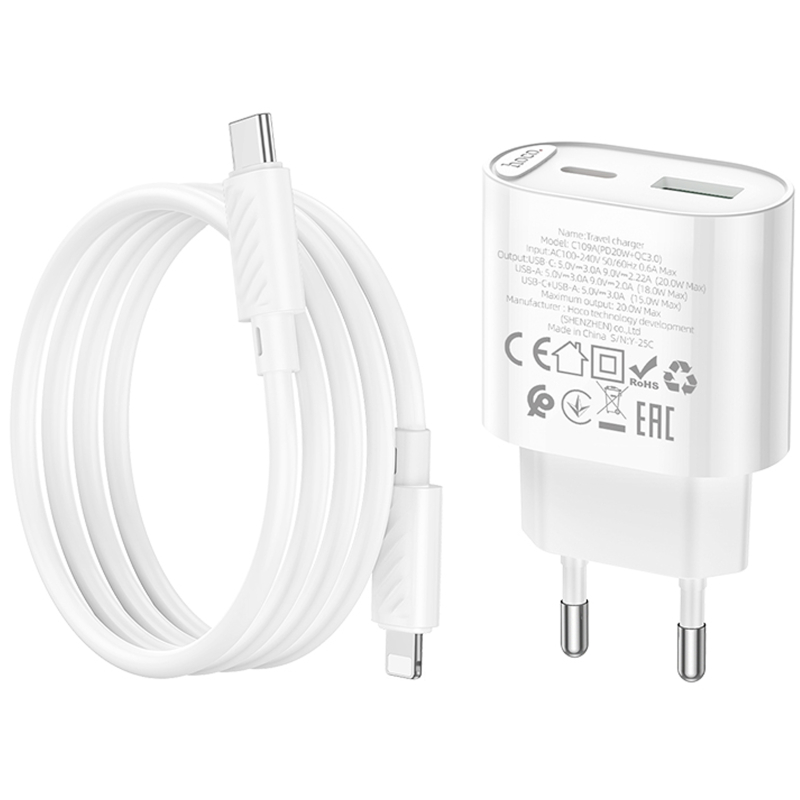 Мережевий зарядний пристрій Hoco C109A Fighter PD 20W + QC 3.0 (1×USB-A / 1×USB-C) + кабель USB-C → Lightning White