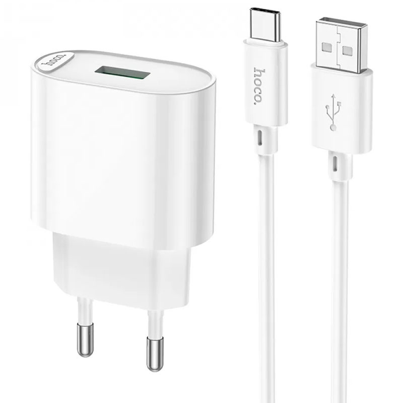Мережевий зарядний пристрій Hoco C109A Fighter QC 3.0 18W (1×USB-A) + кабель USB to USB-C White