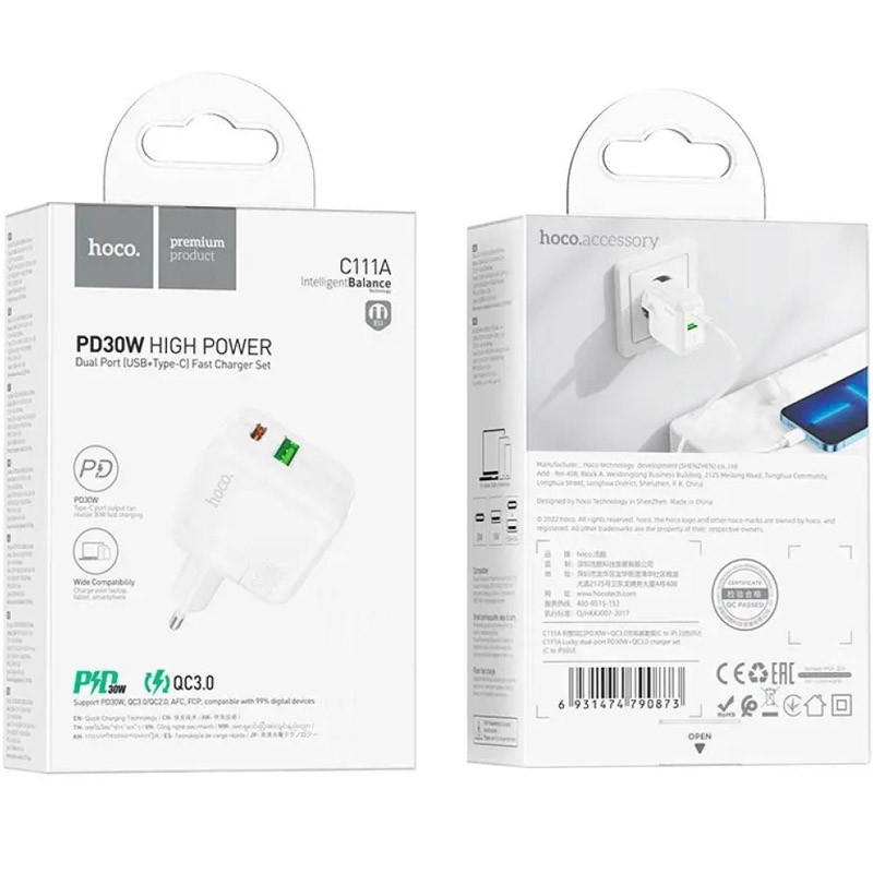 Мережевий зарядний пристрій Hoco C111A PD 30W + QC 3.0 (1×USB-A / 1×USB-C) White