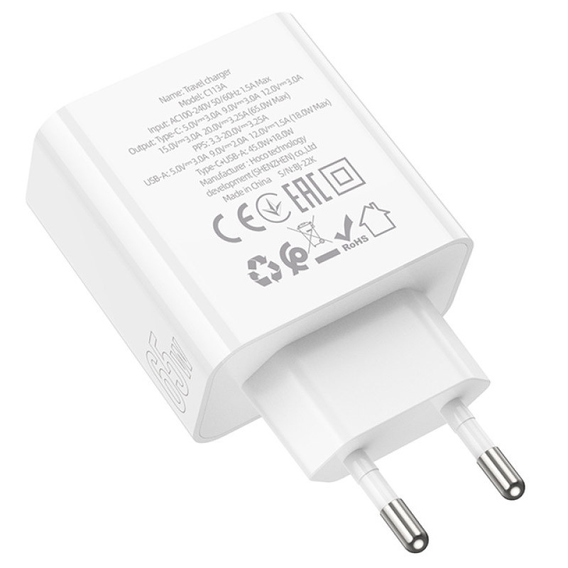 Мережевий зарядний пристрій Hoco C113A Awesome PD 65W (1×USB-A / 1×USB-C) White