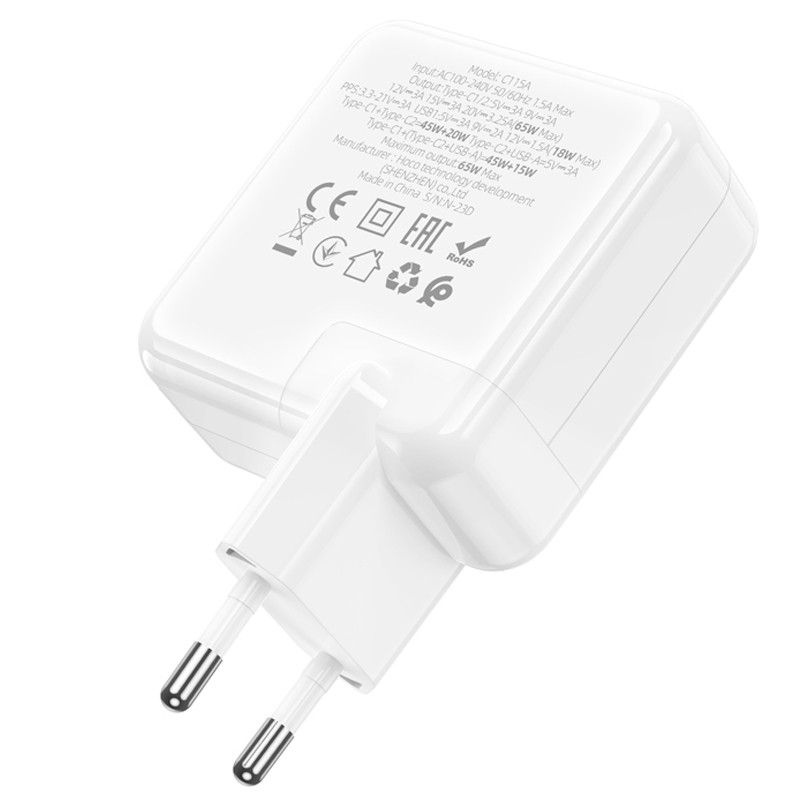 Мережевий зарядний пристрій Hoco C115A Header PD 65W + QC 3.0 (1×USB-A / 2×USB-C) White