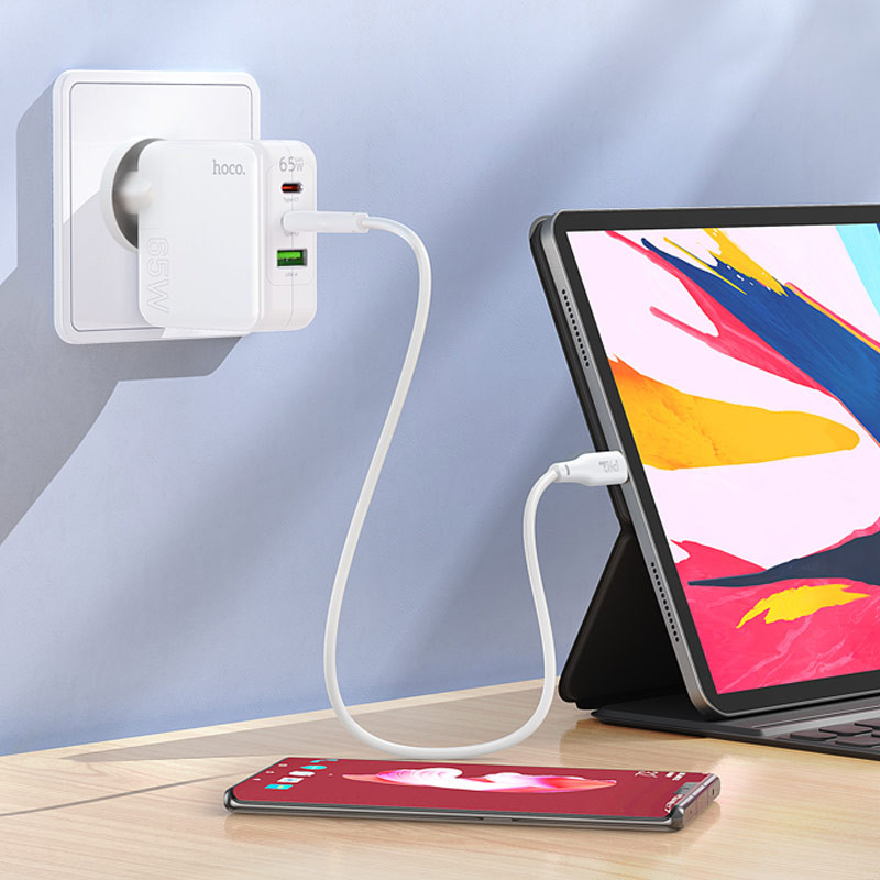 Мережевий зарядний пристрій Hoco C115A Header PD 65W + QC 3.0 (1×USB-A / 2×USB-C) White