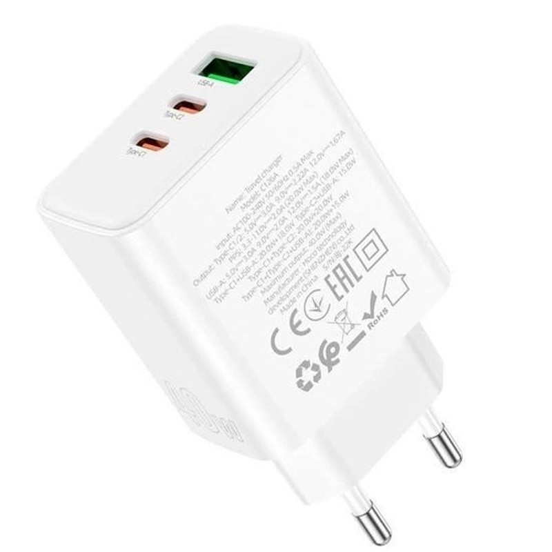Мережевий зарядний пристрій Hoco C126A PD 40W + QC 3.0 (1×USB/2Type-C) White