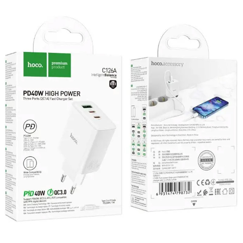 Мережевий зарядний пристрій Hoco C126A PD 40W + QC 3.0 (1×USB/2Type-C) White