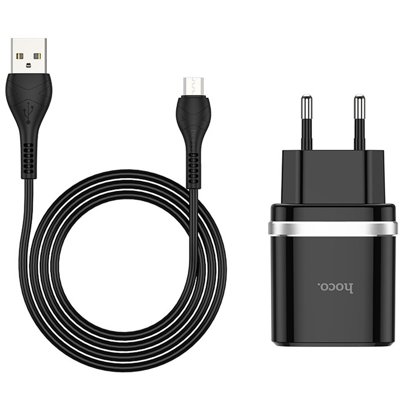 Мережевий зарядний пристрій Hoco C12Q Smart QC 3.0 18W (1×USB-A) + кабель USB to Micro-USB Чорний