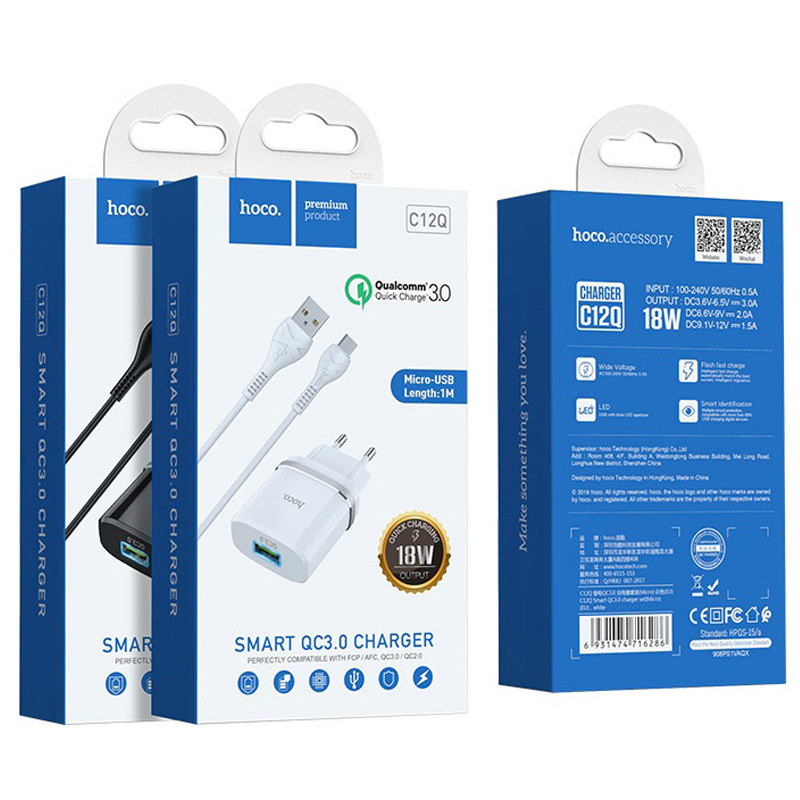 Мережевий зарядний пристрій Hoco C12Q Smart QC 3.0 18W (1×USB-A) + кабель USB to Micro-USB Чорний