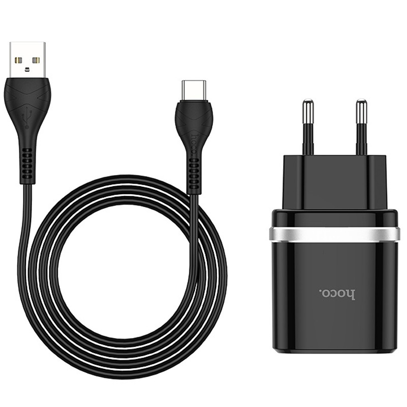 Мережевий зарядний пристрій Hoco C12Q Smart QC 3.0 3 А (1×USB-A) + кабель USB to USB-C Чорний