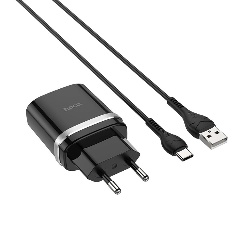 Мережевий зарядний пристрій Hoco C12Q Smart QC 3.0 3 А (1×USB-A) + кабель USB to USB-C Чорний