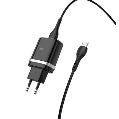 Мережевий зарядний пристрій Hoco C12Q Smart QC 3.0 3 А (1×USB-A) + кабель USB to USB-C Чорний