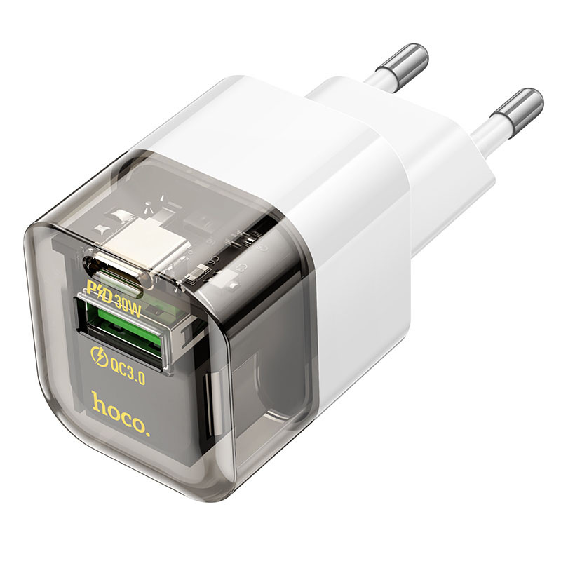 Мережевий зарядний пристрій Hoco C131A Platium PD 30W + QC 3.0 (1×USB-A / 1×USB-C) Transparent black