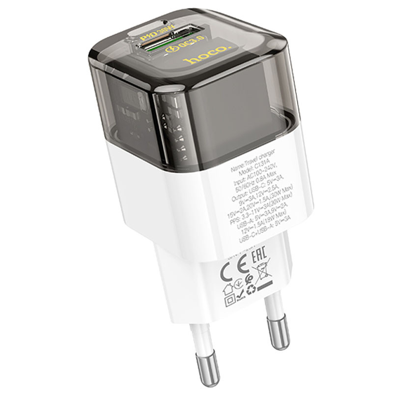 Мережевий зарядний пристрій Hoco C131A Platium PD 30W + QC 3.0 (1×USB-A / 1×USB-C) Transparent black