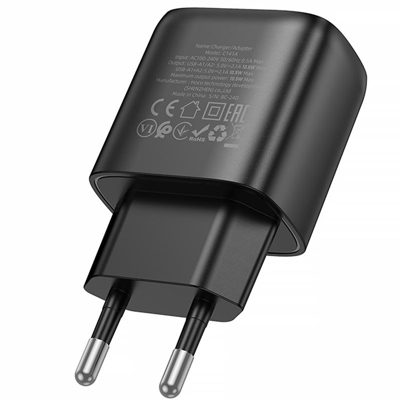 Мережевий зарядний пристрій Hoco C141A Smart 2.1 А (2×USB-A)