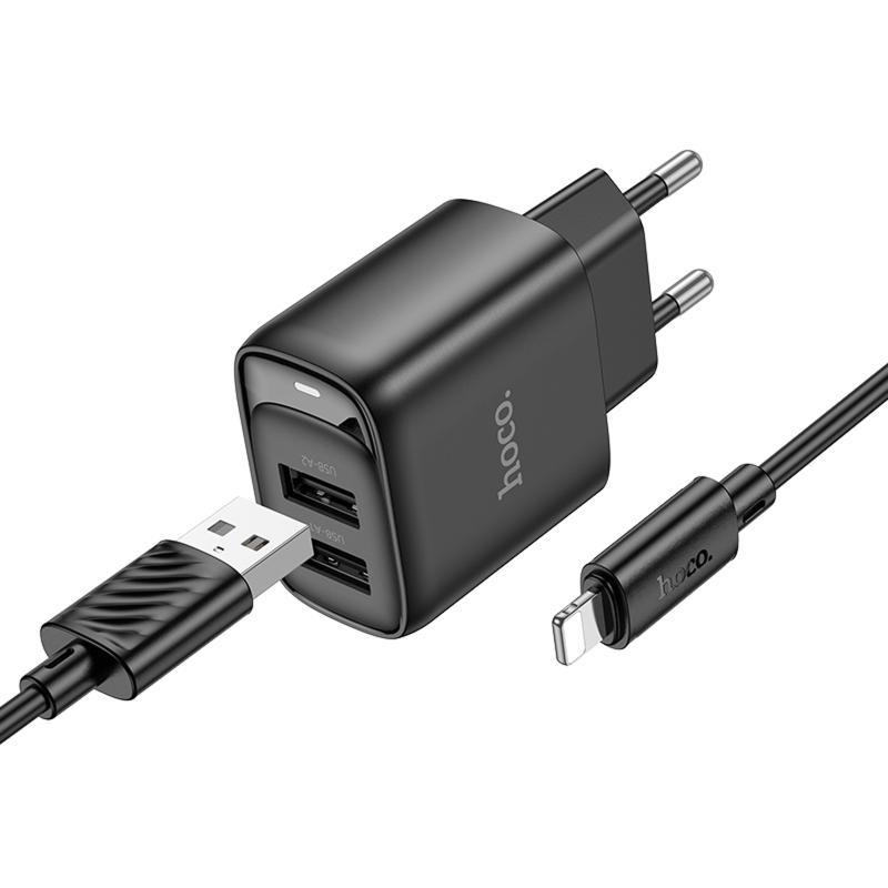 Мережевий зарядний пристрій Hoco C141A Smart 2.1 А (2×USB-A) + кабель USB to Lightning