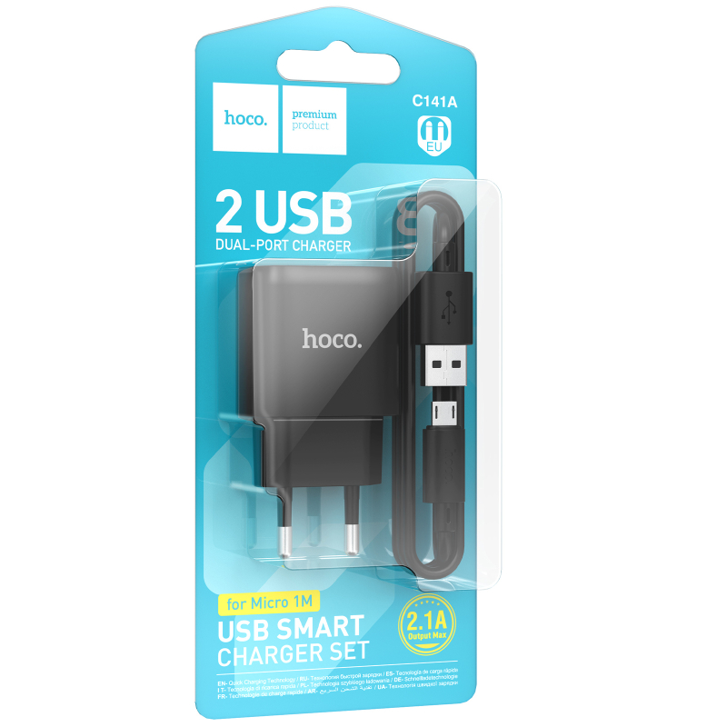 Мережевий зарядний пристрій Hoco C141A Smart 2.1 А (2×USB-A) + кабель USB to Micro-USB Black