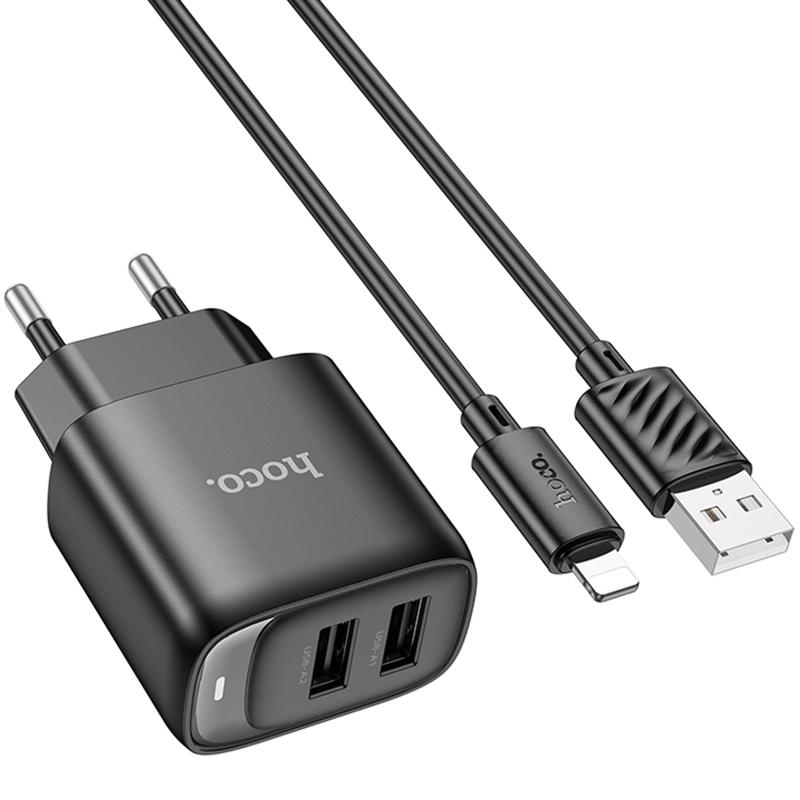 Мережевий зарядний пристрій Hoco C141A Smart 2.1 А (2×USB-A) + кабель USB to Lightning
