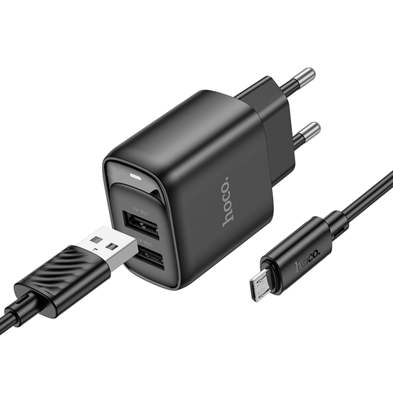 Мережевий зарядний пристрій Hoco C141A Smart 2.1 А (2×USB-A) + кабель USB to Micro-USB Black