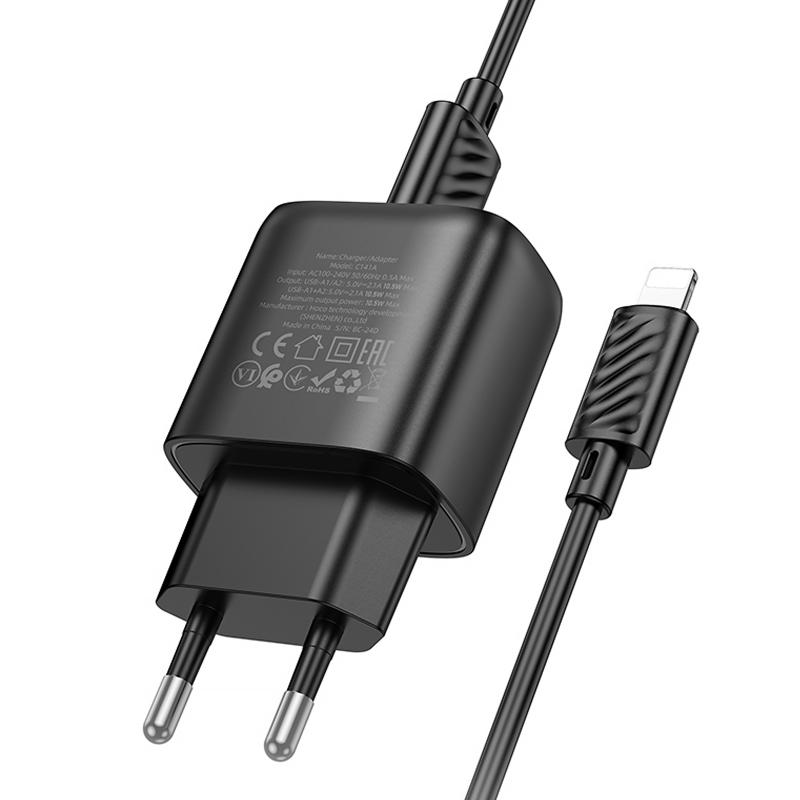 Мережевий зарядний пристрій Hoco C141A Smart 2.1 А (2×USB-A) + кабель USB to Lightning