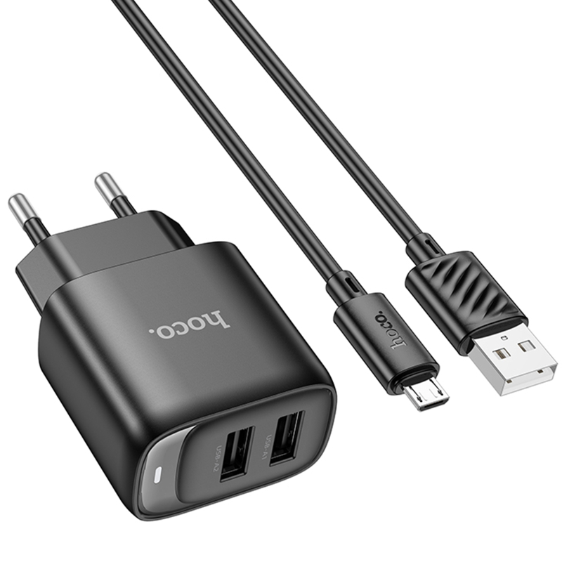 Мережевий зарядний пристрій Hoco C141A Smart 2.1 А (2×USB-A) + кабель USB to Micro-USB Black