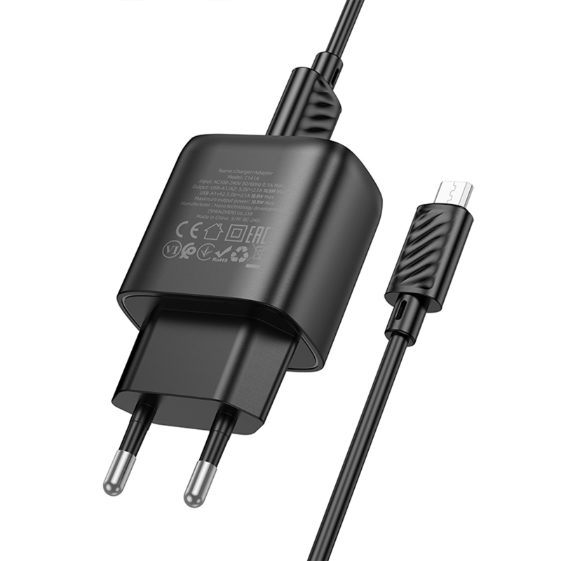 Мережевий зарядний пристрій Hoco C141A Smart 2.1 А (2×USB-A) + кабель USB to Micro-USB Black