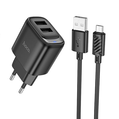 Мережевий зарядний пристрій Hoco C141A Smart 2.1 А (2×USB-A) + кабель USB to Micro-USB Black
