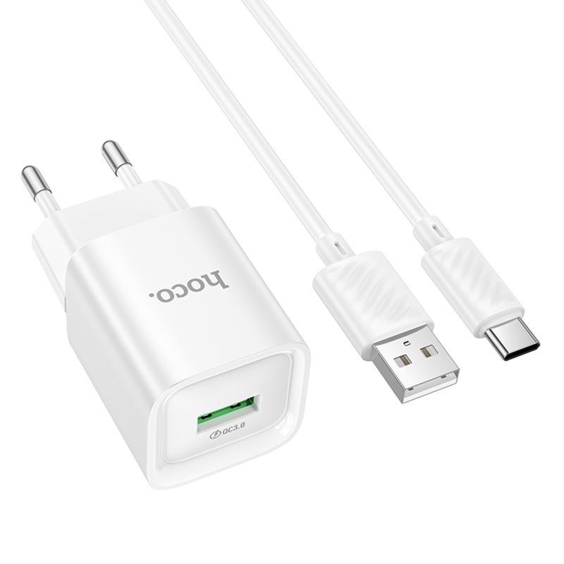 Мережевий зарядний пристрій Hoco C145A Charm QC 3.0 18W (1×USB-A) + кабель USB to USB-C White