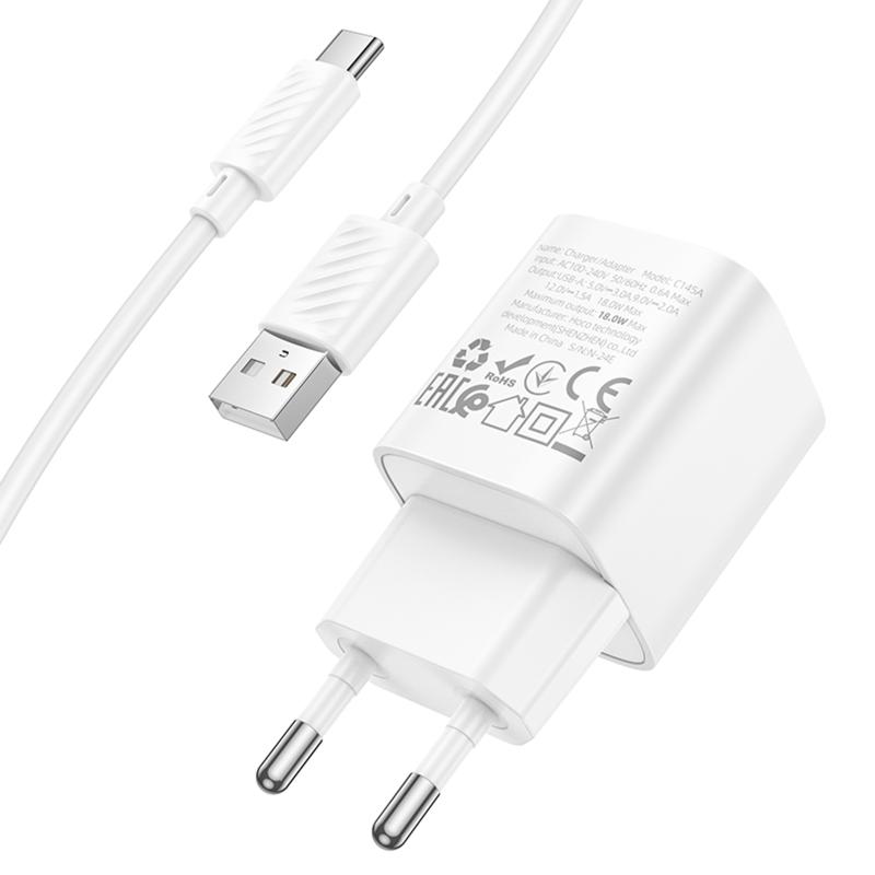 Мережевий зарядний пристрій Hoco C145A Charm QC 3.0 18W (1×USB-A) + кабель USB to USB-C White