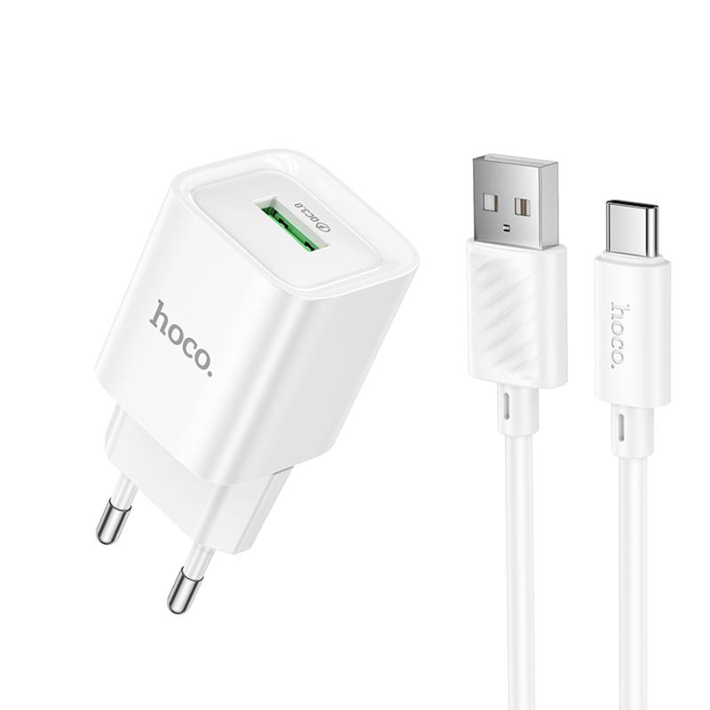 Мережевий зарядний пристрій Hoco C145A Charm QC 3.0 18W (1×USB-A) + кабель USB to USB-C White