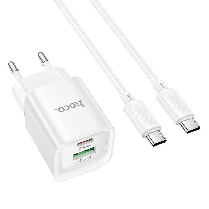 Мережевий зарядний пристрій Hoco C147A PD 20W + QC 3.0 (1×USB-A / 1×USB-C) + кабель USB-C → USB-C White