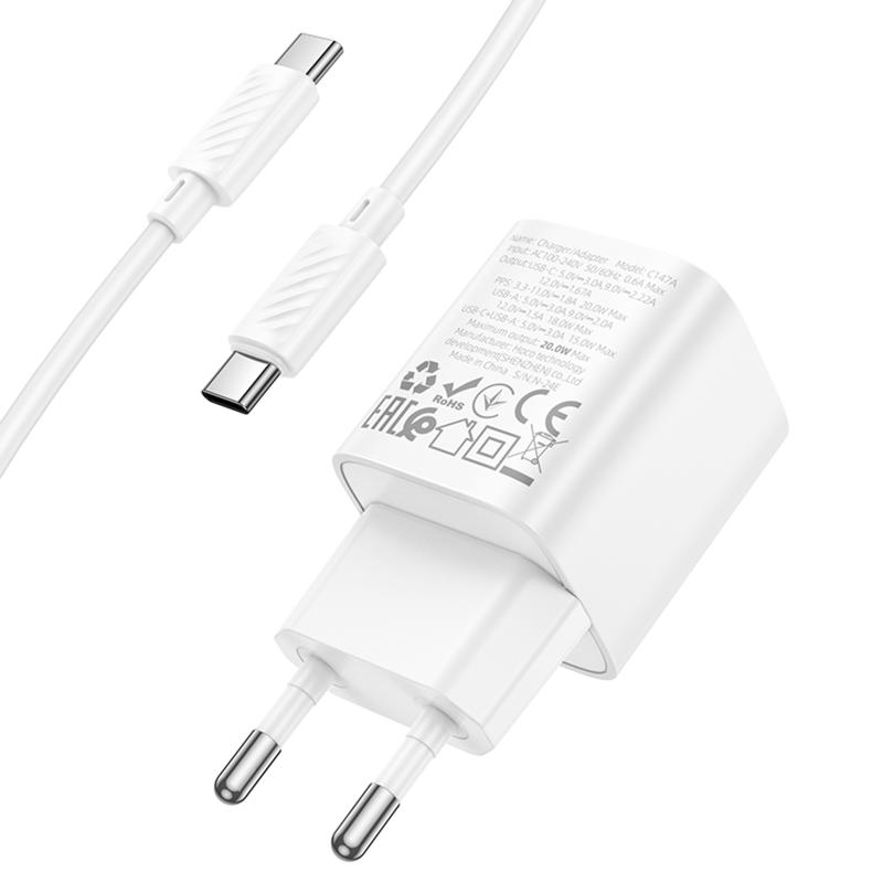 Мережевий зарядний пристрій Hoco C147A PD 20W + QC 3.0 (1×USB-A / 1×USB-C) + кабель USB-C → USB-C White