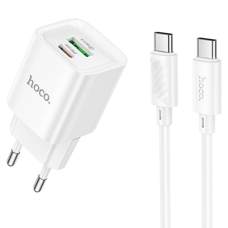Мережевий зарядний пристрій Hoco C147A PD 20W + QC 3.0 (1×USB-A / 1×USB-C) + кабель USB-C → USB-C White