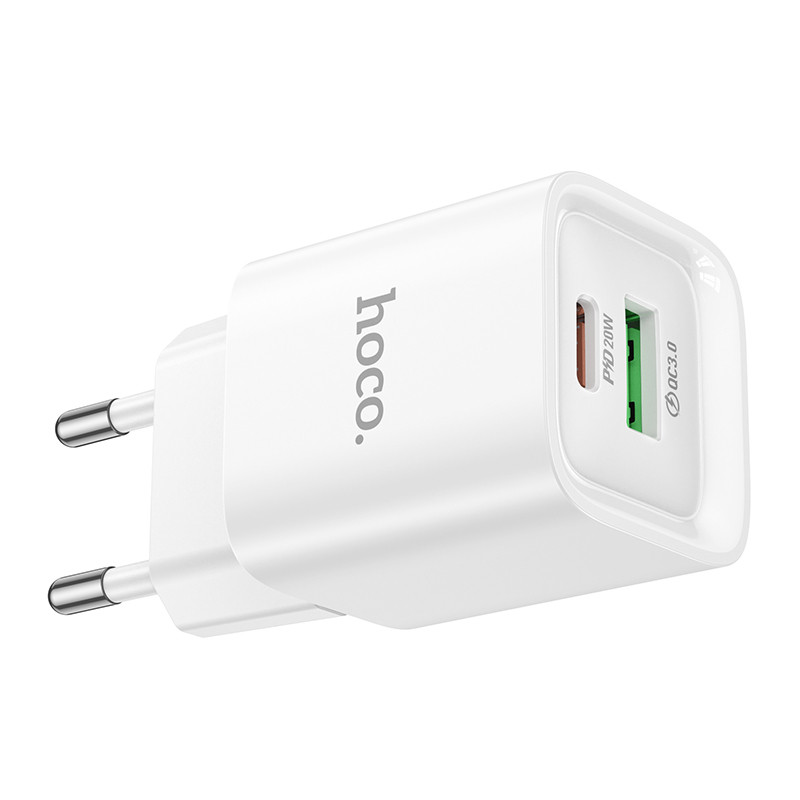 Мережевий зарядний пристрій Hoco C147A PD 20W + QC 3.0 (1×USB-A / 1×USB-C) White