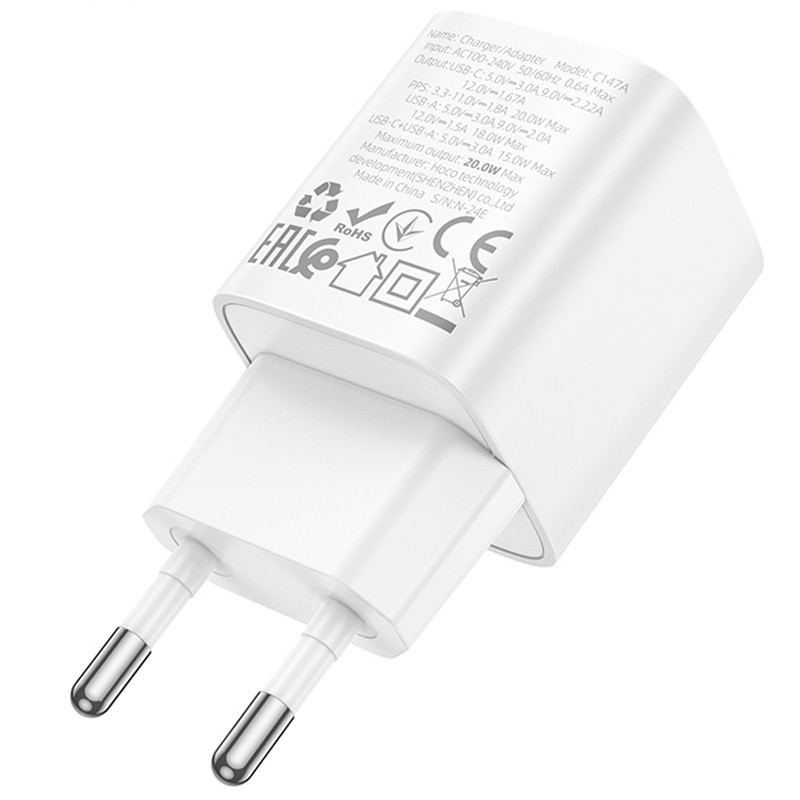 Мережевий зарядний пристрій Hoco C147A PD 20W + QC 3.0 (1×USB-A / 1×USB-C) White