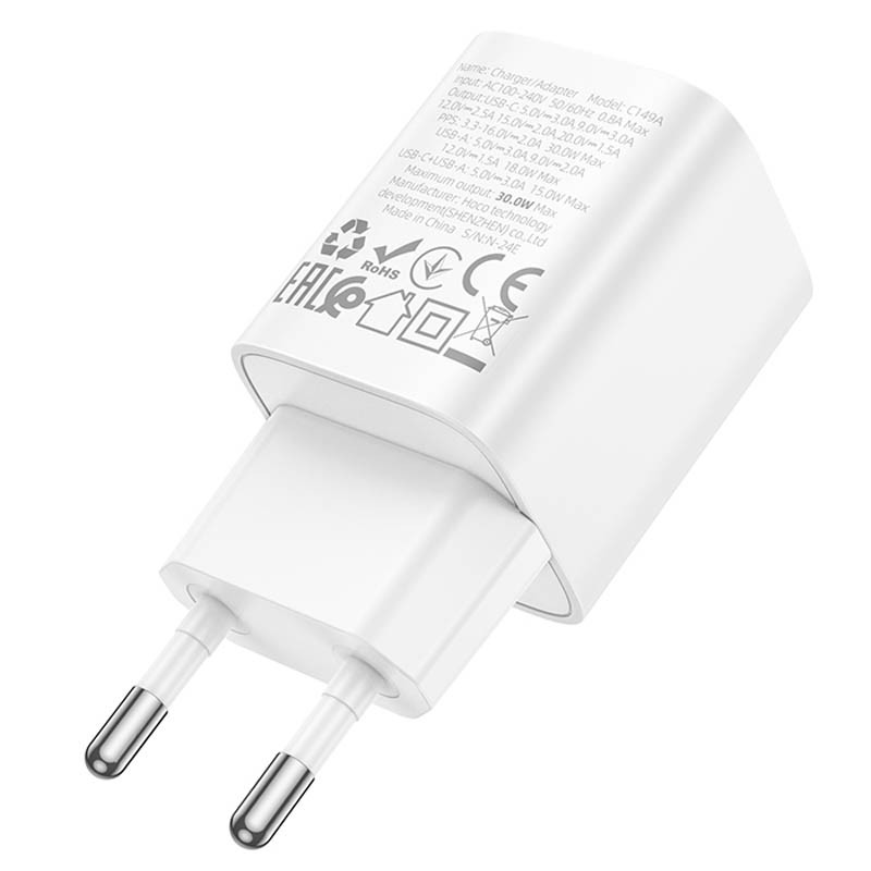 Мережевий зарядний пристрій Hoco C149A Charm PD 30W + QC 3.0 (1×USB-A / 1×USB-C) White