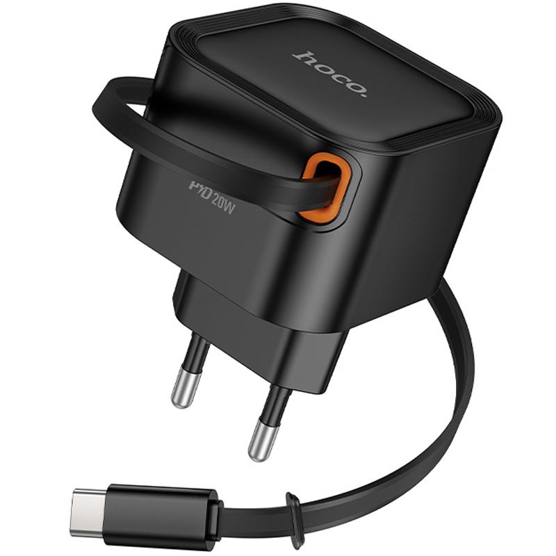 Мережевий зарядний пристрій Hoco C153A Changer With Retractable Cable USB-C PD 20W Black