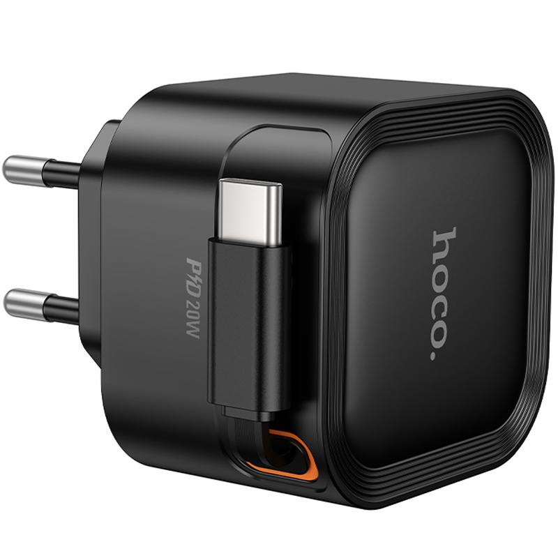 Мережевий зарядний пристрій Hoco C153A Changer With Retractable Cable USB-C PD 20W Black