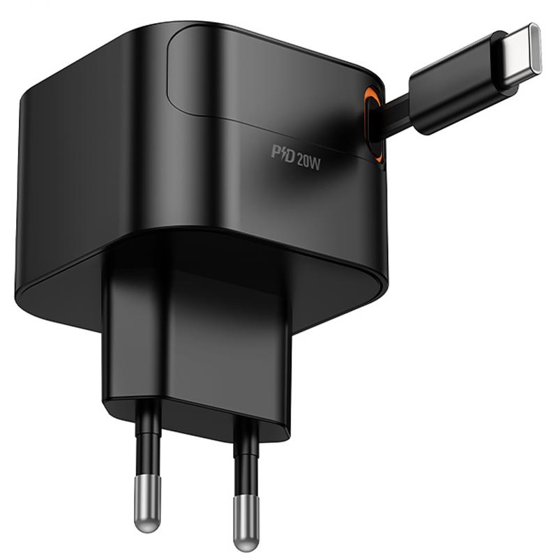 Мережевий зарядний пристрій Hoco C153A Changer With Retractable Cable USB-C PD 20W Black