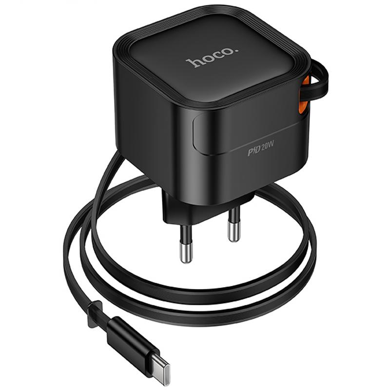 Мережевий зарядний пристрій Hoco C153A Changer With Retractable Cable USB-C PD 20W Black