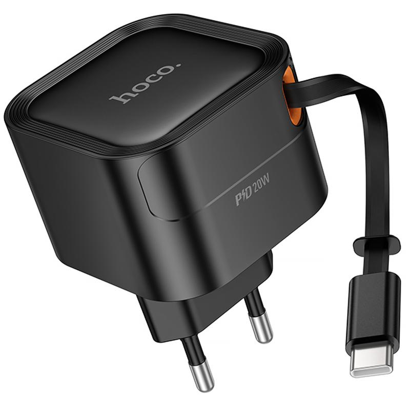 Мережевий зарядний пристрій Hoco C153A Changer With Retractable Cable USB-C PD 20W Black