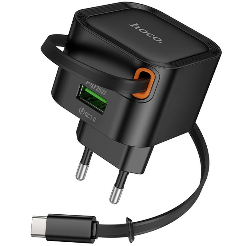 Мережевий зарядний пристрій Hoco C154A Changer PD 20W + QC 3.0 (1×USB-A / 1×USB-C) + Retractable Cable USB-C Black