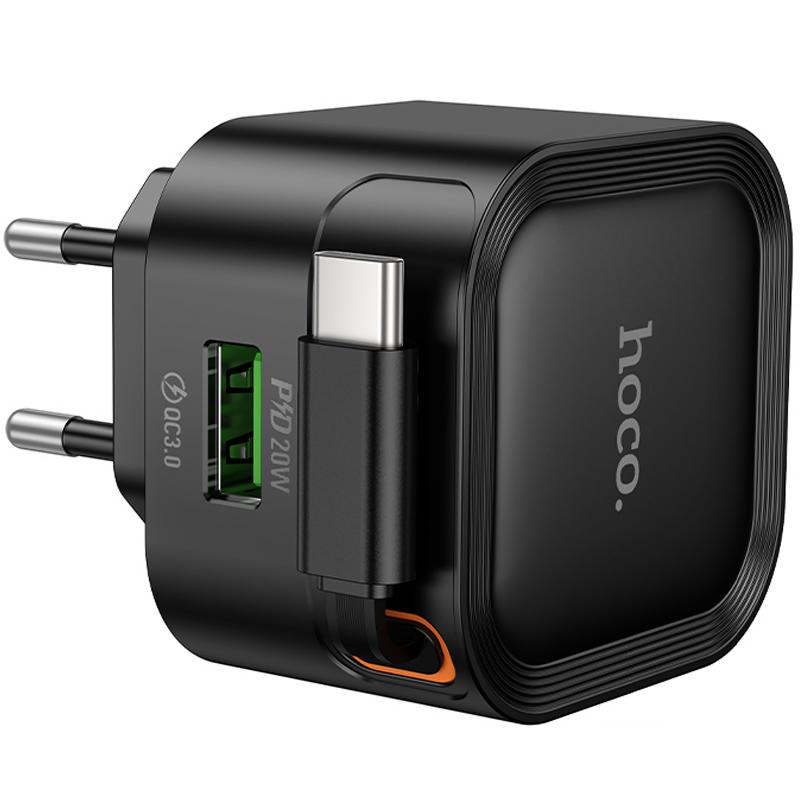 Мережевий зарядний пристрій Hoco C154A Changer PD 20W + QC 3.0 (1×USB-A / 1×USB-C) + Retractable Cable USB-C Black