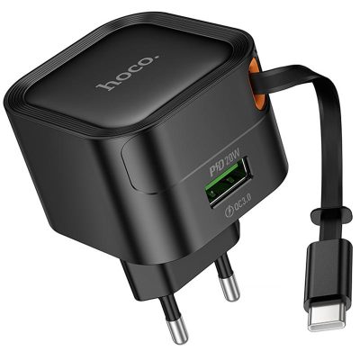 Мережевий зарядний пристрій Hoco C154A Changer PD 20W + QC 3.0 (1×USB-A / 1×USB-C) + Retractable Cable USB-C Black