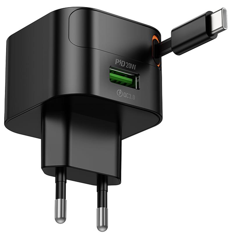 Мережевий зарядний пристрій Hoco C154A Changer PD 20W + QC 3.0 (1×USB-A / 1×USB-C) + Retractable Cable USB-C Black
